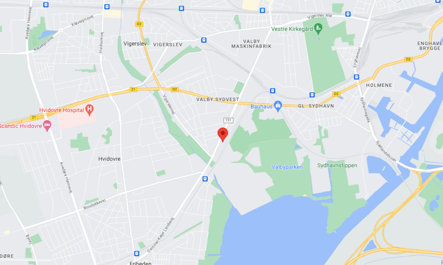 Et kort med markeringer hvor Valby værksted ligger