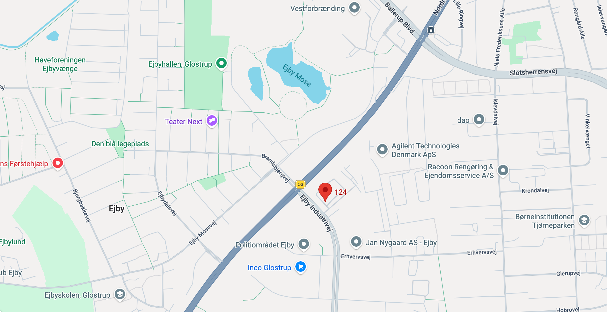 Et kort med markeringer hvor Glostrup værksted ligger