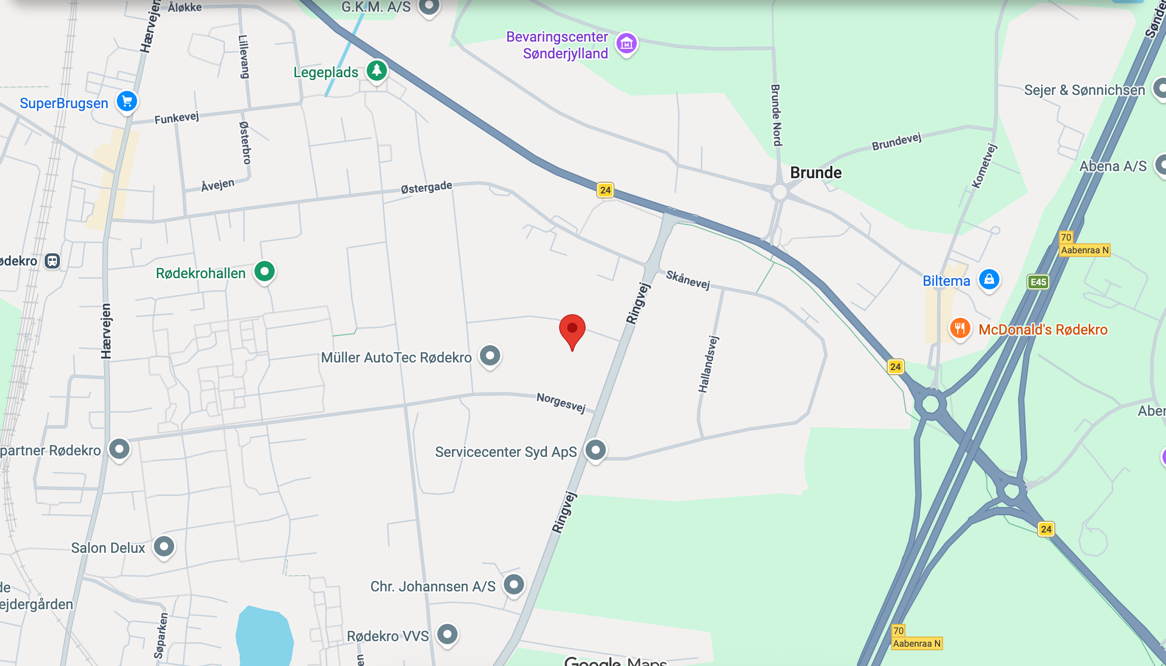 Dansk Busglas - Værksted Rødekro Et kort med markeringer hvor Rødekro værksted ligger